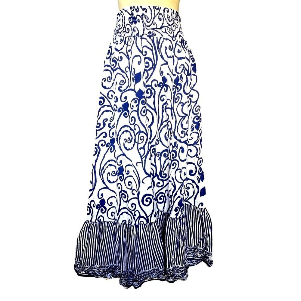 Women's Kalamkari Floral Blue White Striped Shirred Maxi Skirt, Size 14/16, Embe - Picture 1 of 10
